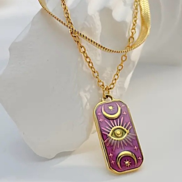 “Purple Symmetry in the Stars” Evil Eye Crescent Moon Tarot Totem 18K Necklaces